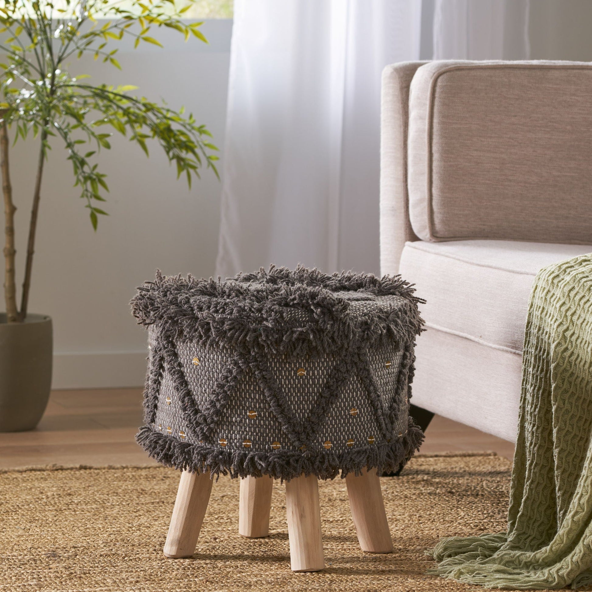 Roja - Handcrafted Wool & Cotton Foot Stool With Eucalyptus Wood Frame - Dark Brown Noble House