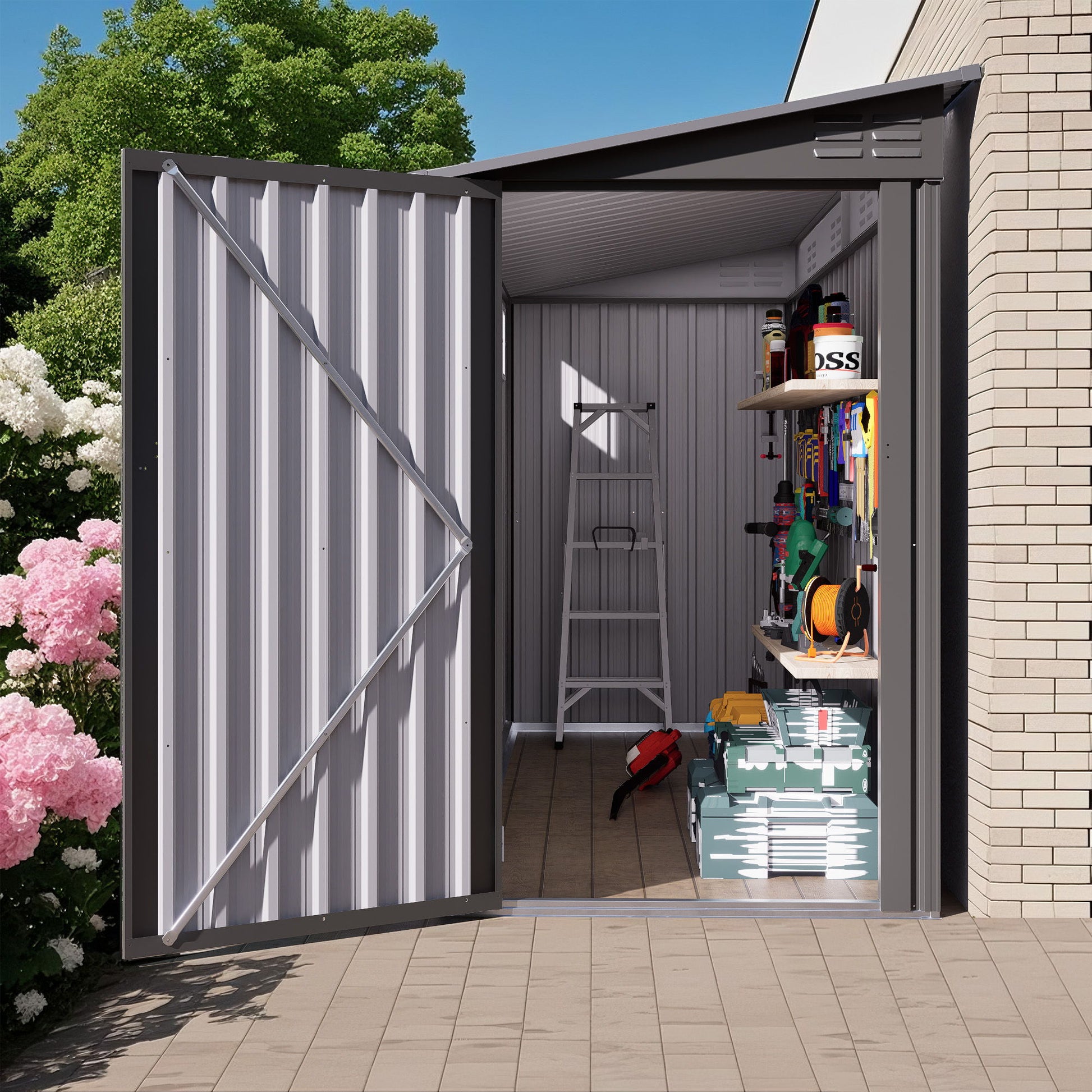 Metal Outdoor Storage Shed 4 X 9 Ft With Sloping Roof, Vents, And Side Door - Gray Daily Nest