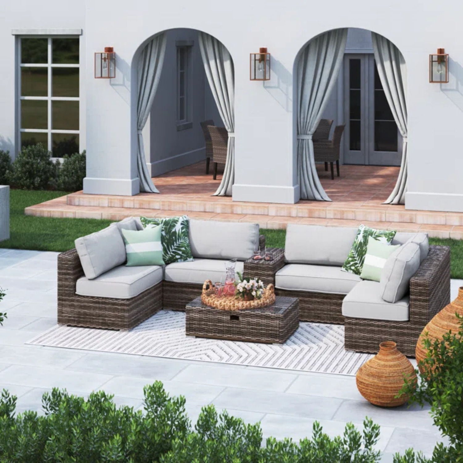Elegant 4 Person Wicker Patio Seating Set With Cushions And Glass Top Table LSI Patio Furniture