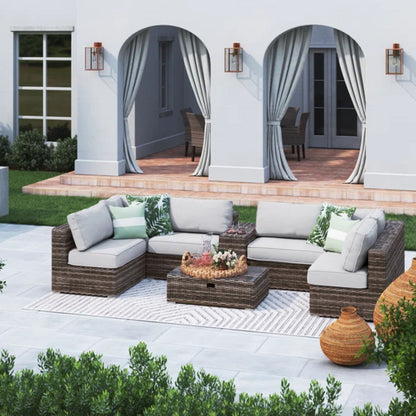 Elegant 4 Person Wicker Patio Seating Set With Cushions And Glass Top Table LSI Patio Furniture