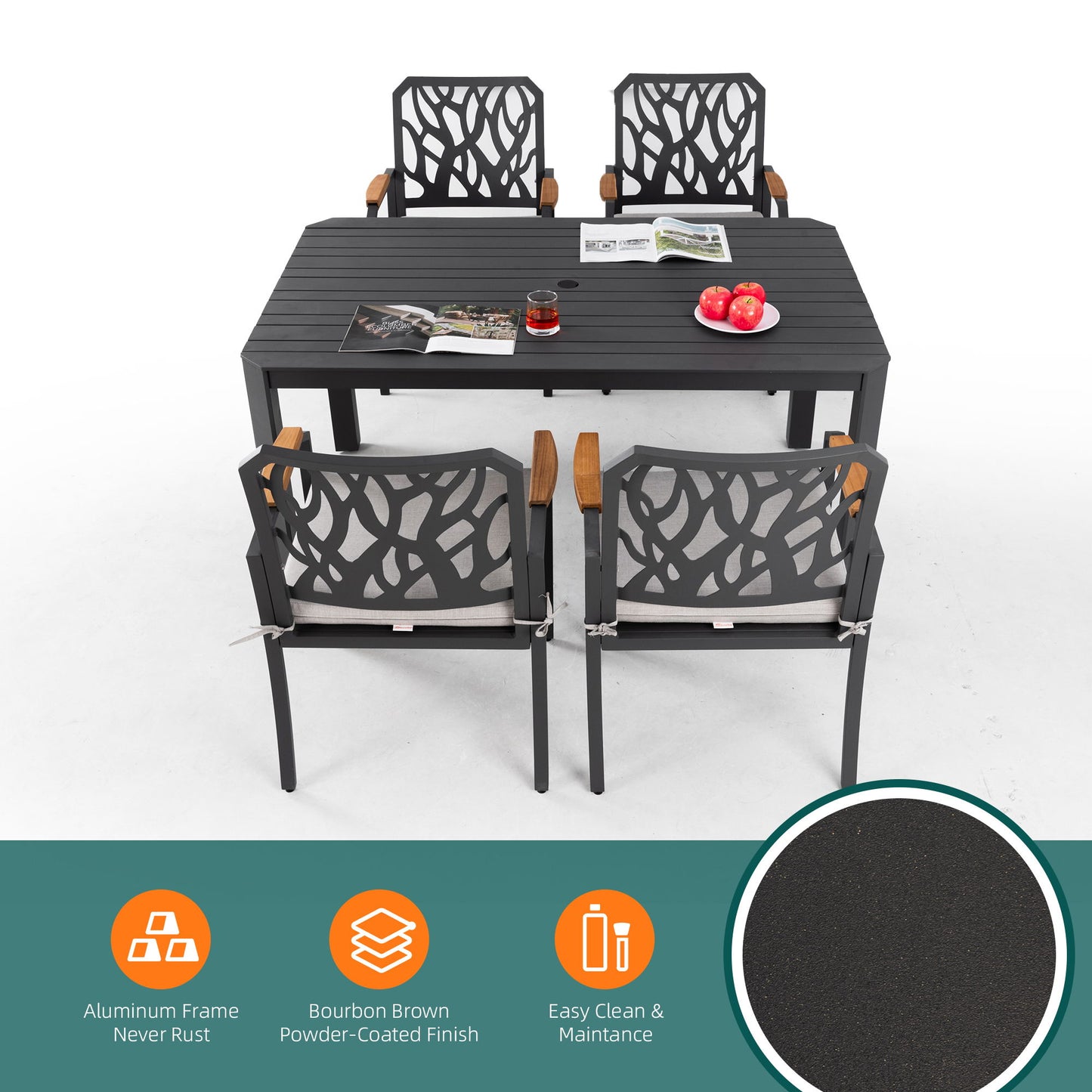 Outdoor Patio Furniture Dining Set With Sunbrella Fabric, Rectangular Table With Umbrella Hole Life Outside