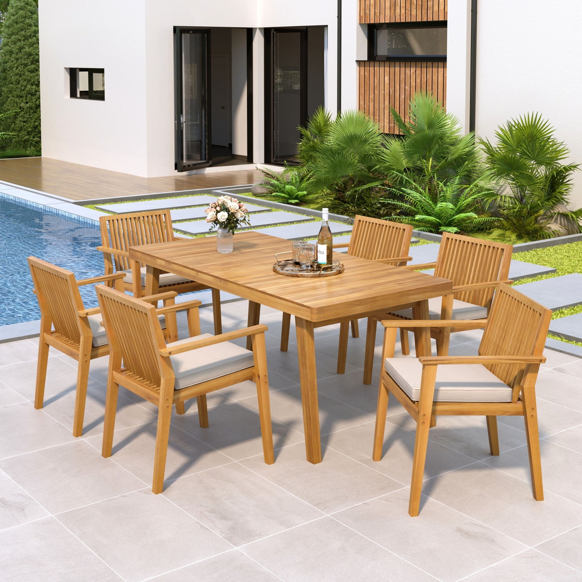 7 Piece Patio Furniture Set Acacia Wood Table And 6 Heavy Duty Cushioned Chairs Noble House