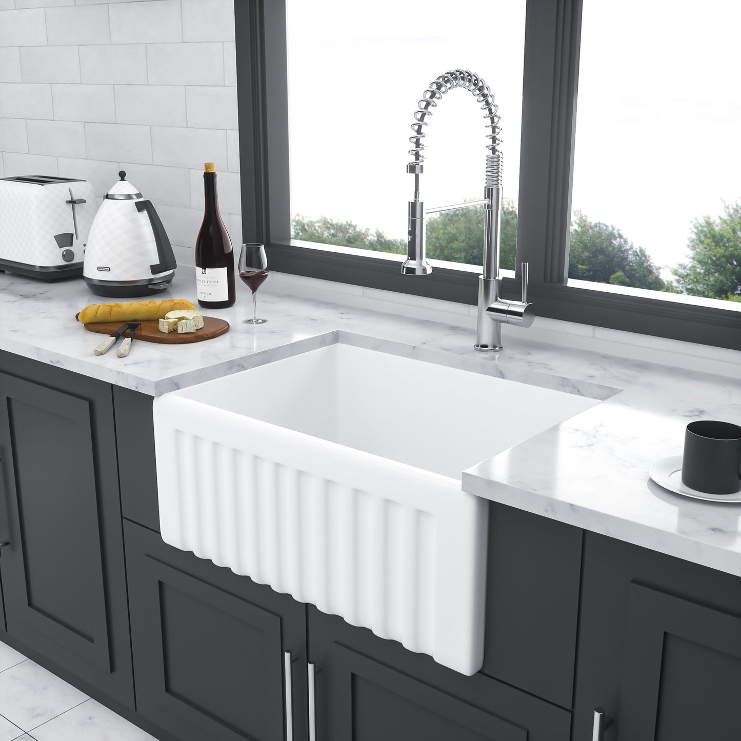 Elegant Farmhouse Style Small Apron Front Ceramic Kitchen Sink 24" Single Bowl Reversible Design - White Daily Nest