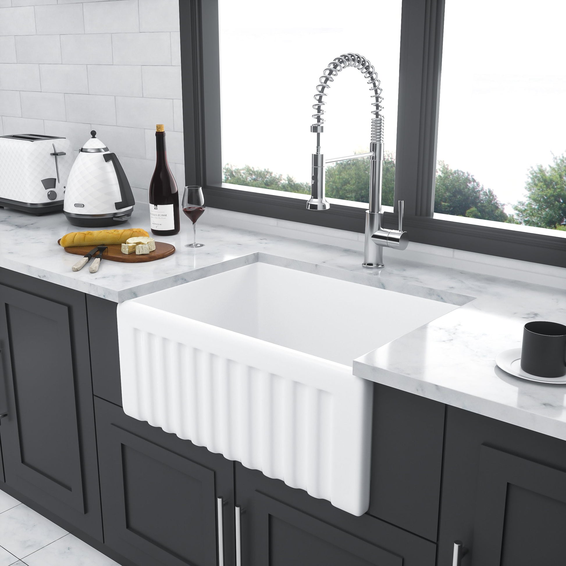 Elegant Farmhouse Style Small Apron Front Ceramic Kitchen Sink 24" Single Bowl Reversible Design - White Daily Nest