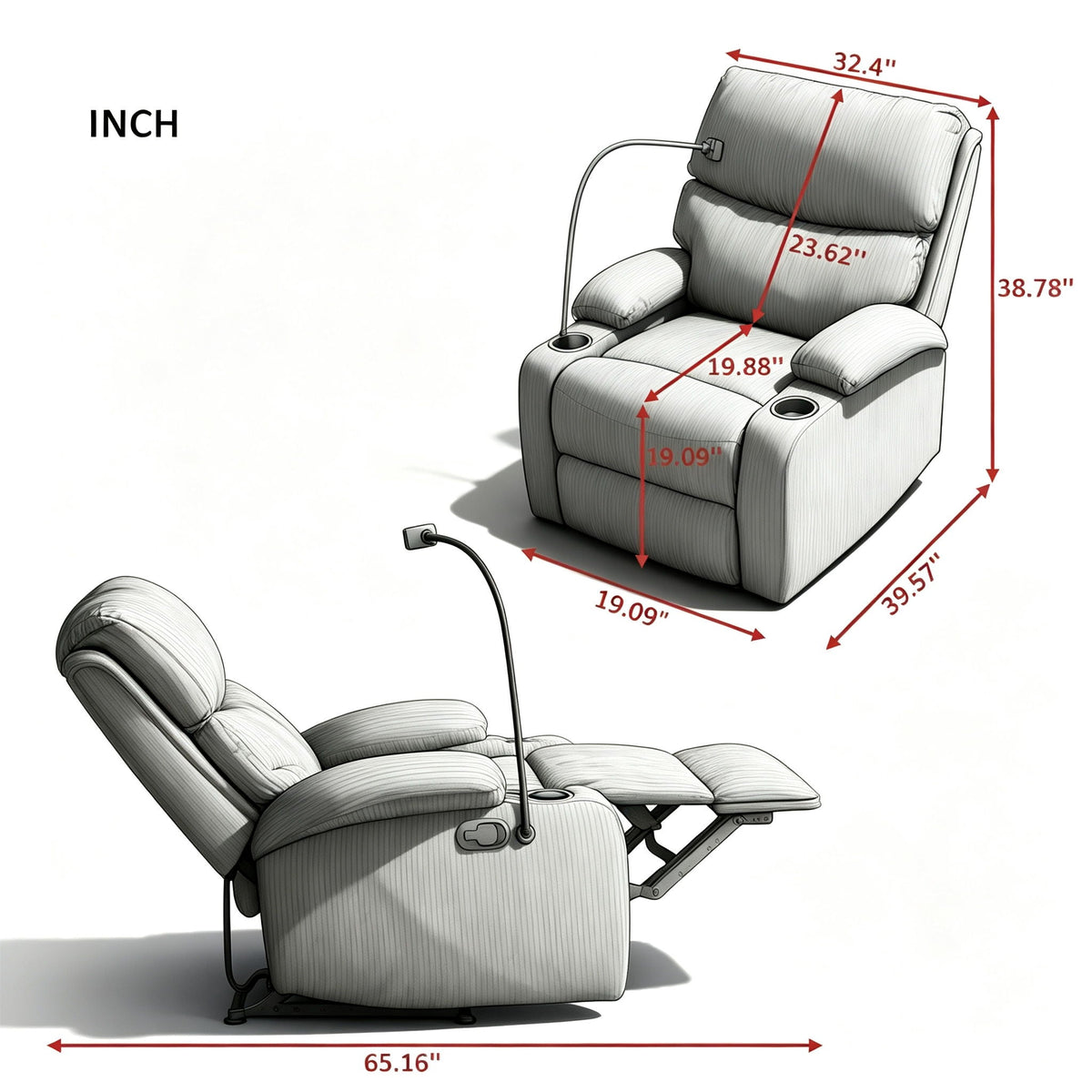 Adjustable Manual Recliner, Ergonomic Lounge Chair With Phone Holder And 2 Cup Holders Home Essentials