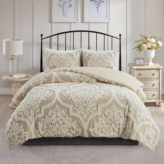 Viola - 3 Piece Tufted Damask Comforter Set - Taupe Madison Park