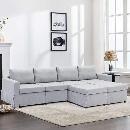 4 Seat Module Sectional Sofa Couch With 2 Ottoman For Living Room, Seat Cushion And Back Cushion Non-Removable And Non-Washable