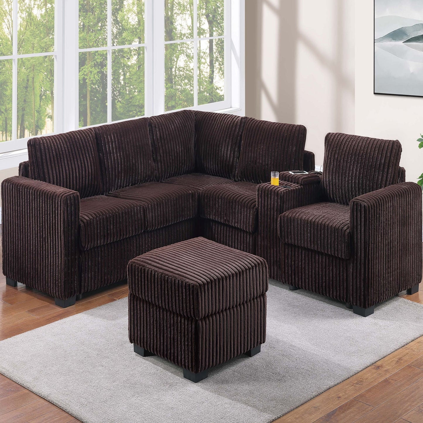 Contemporary L-Shaped Sectional Set With USB Console & Ottoman Home Essentials
