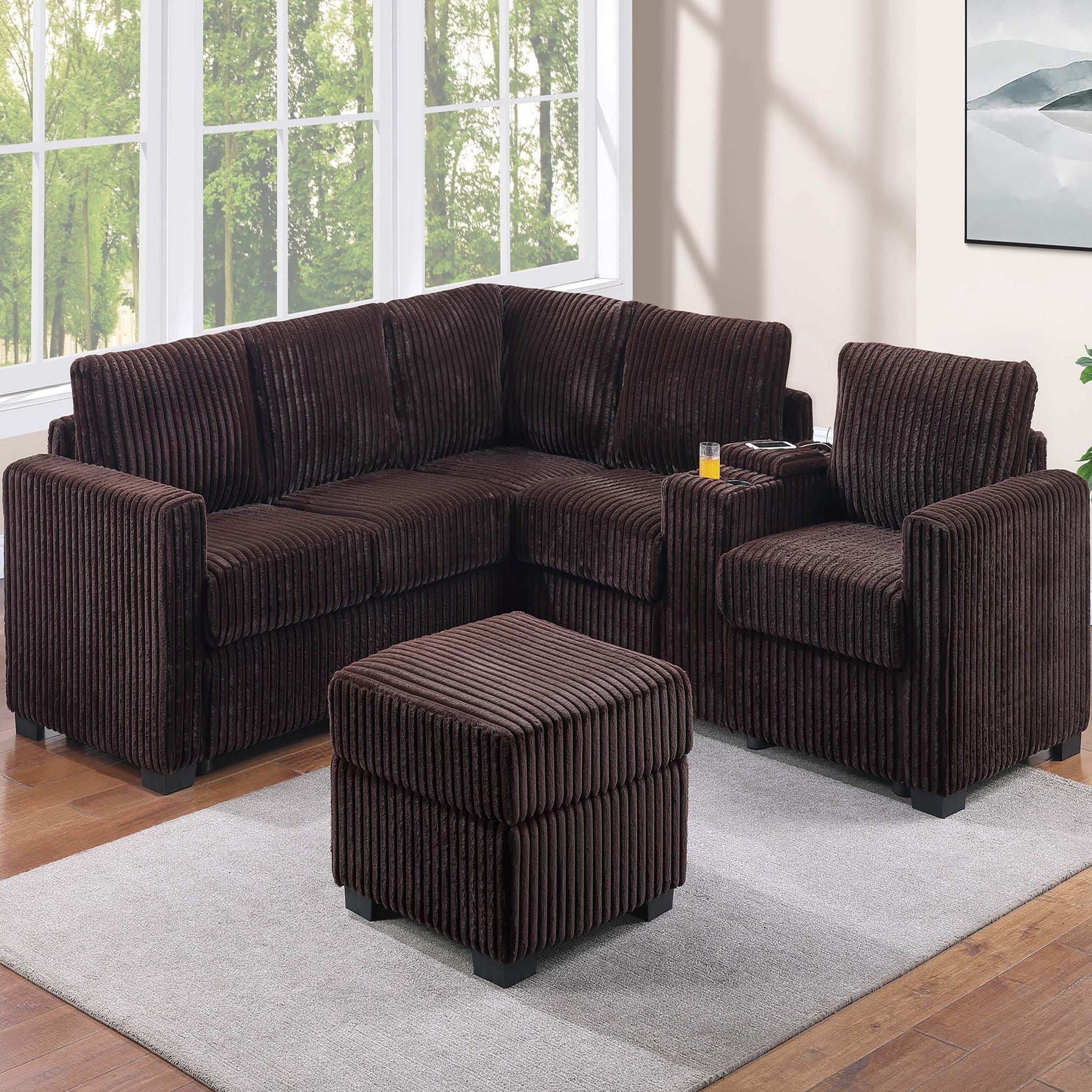 Contemporary L-Shaped Sectional Set With USB Console & Ottoman Home Essentials