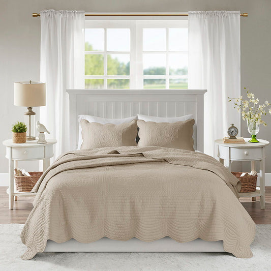 Tuscany - 3 Piece King/California King Reversible Scalloped Edge Quilt Set - Khaki Madison Park