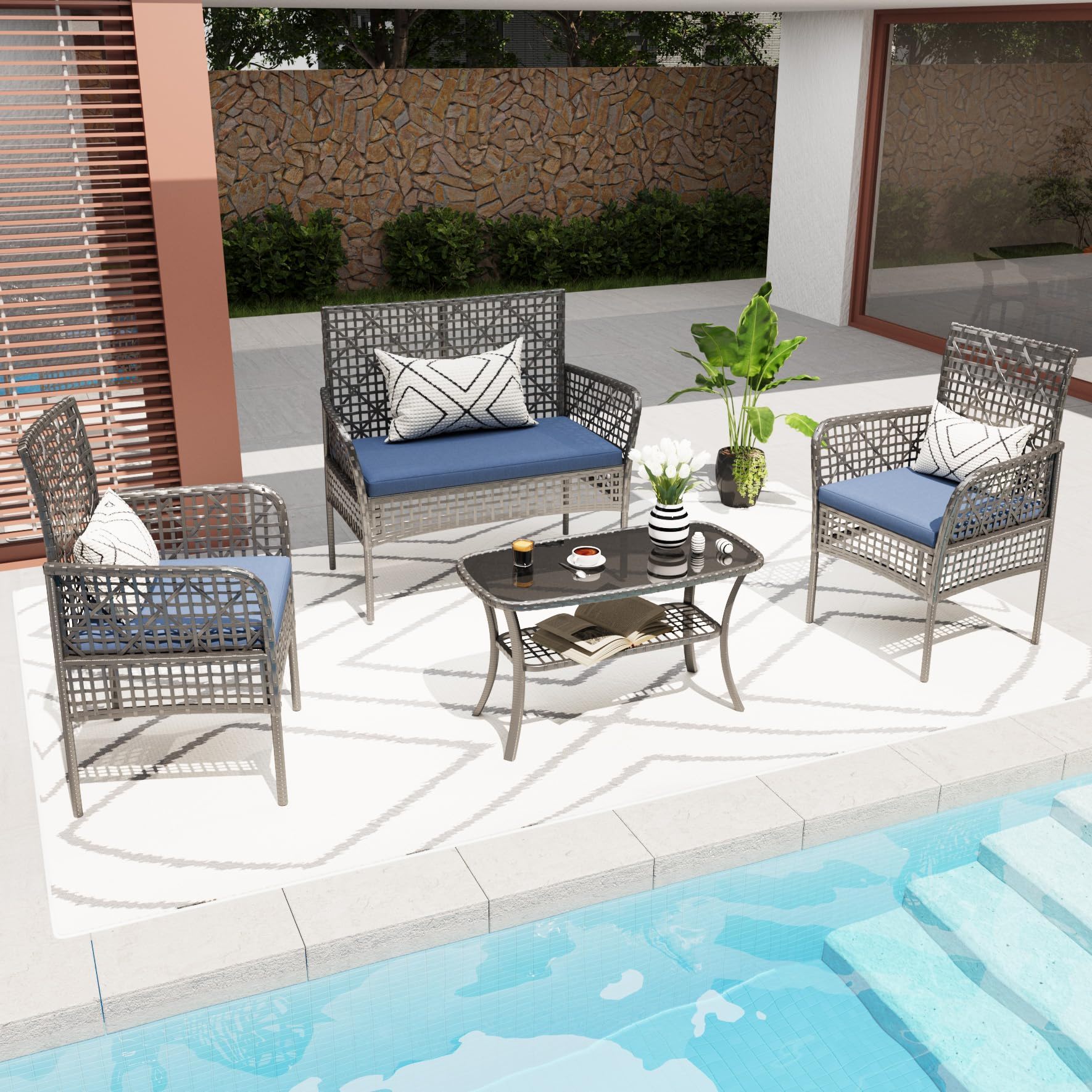 4 Pieces Rattan Wicker Chairs With Tempered Glass Table And Cushions Home Essentials