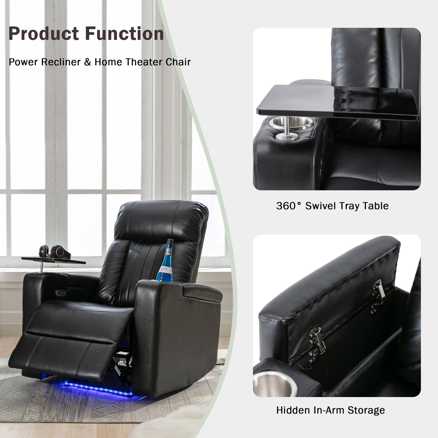 Premium Power Recliner & Storage Arms, Cupholders, Swivel Tray Table And Cell Phone Stand - Black Hearth and Haven