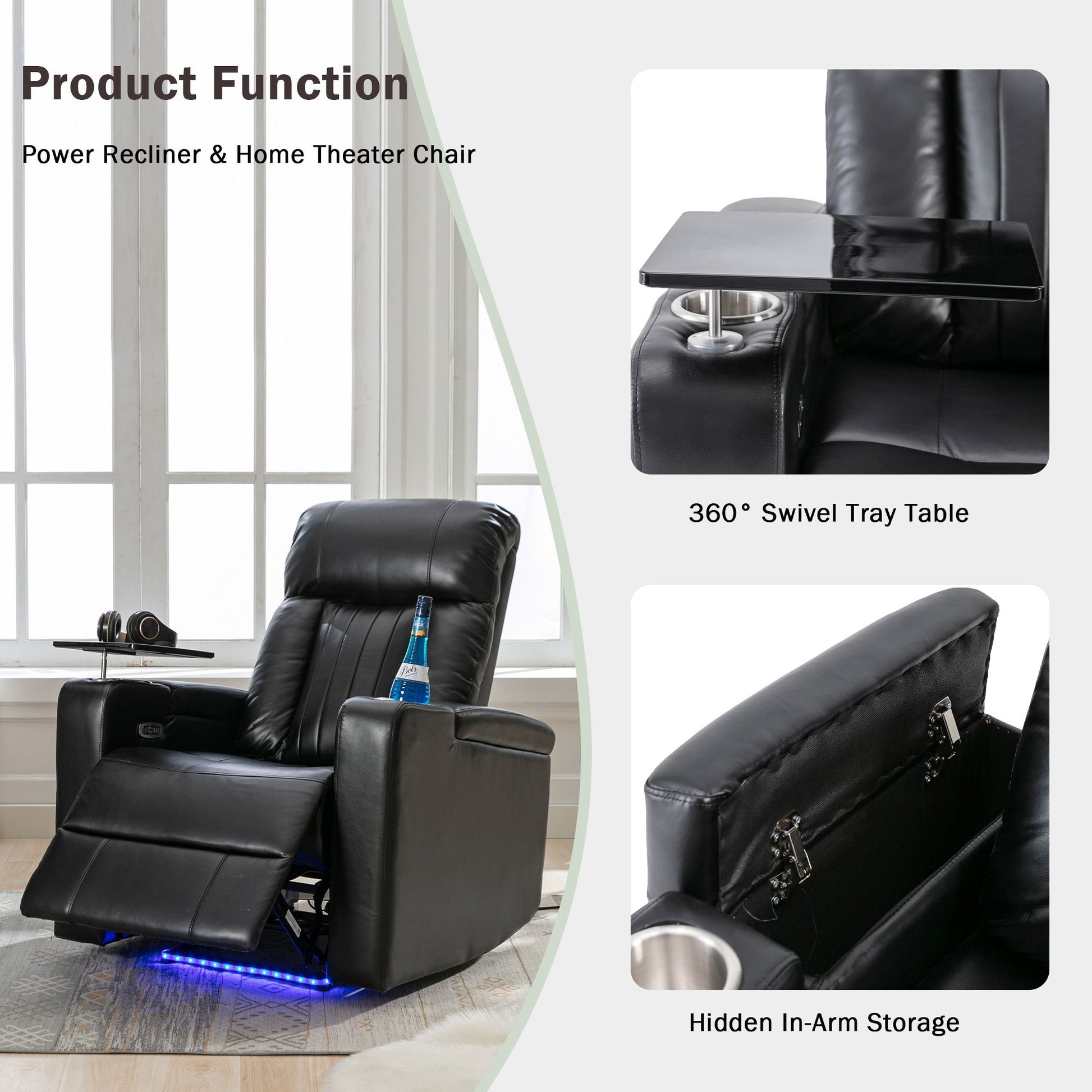 Premium Power Recliner & Storage Arms, Cupholders, Swivel Tray Table And Cell Phone Stand - Black Hearth and Haven