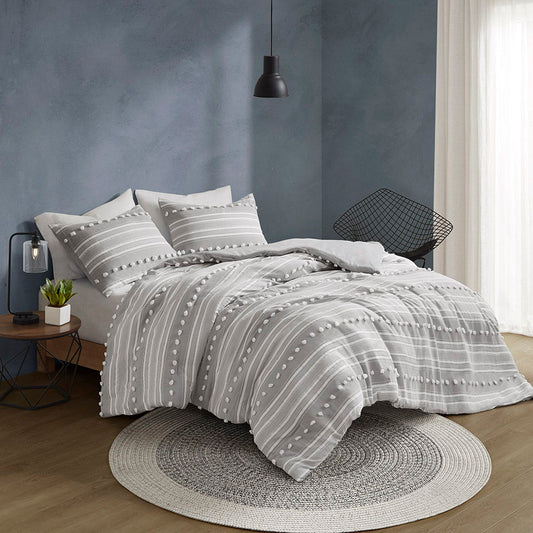 Rowan - Striped Clipped Jacquard Queen Comforter Set - Gray