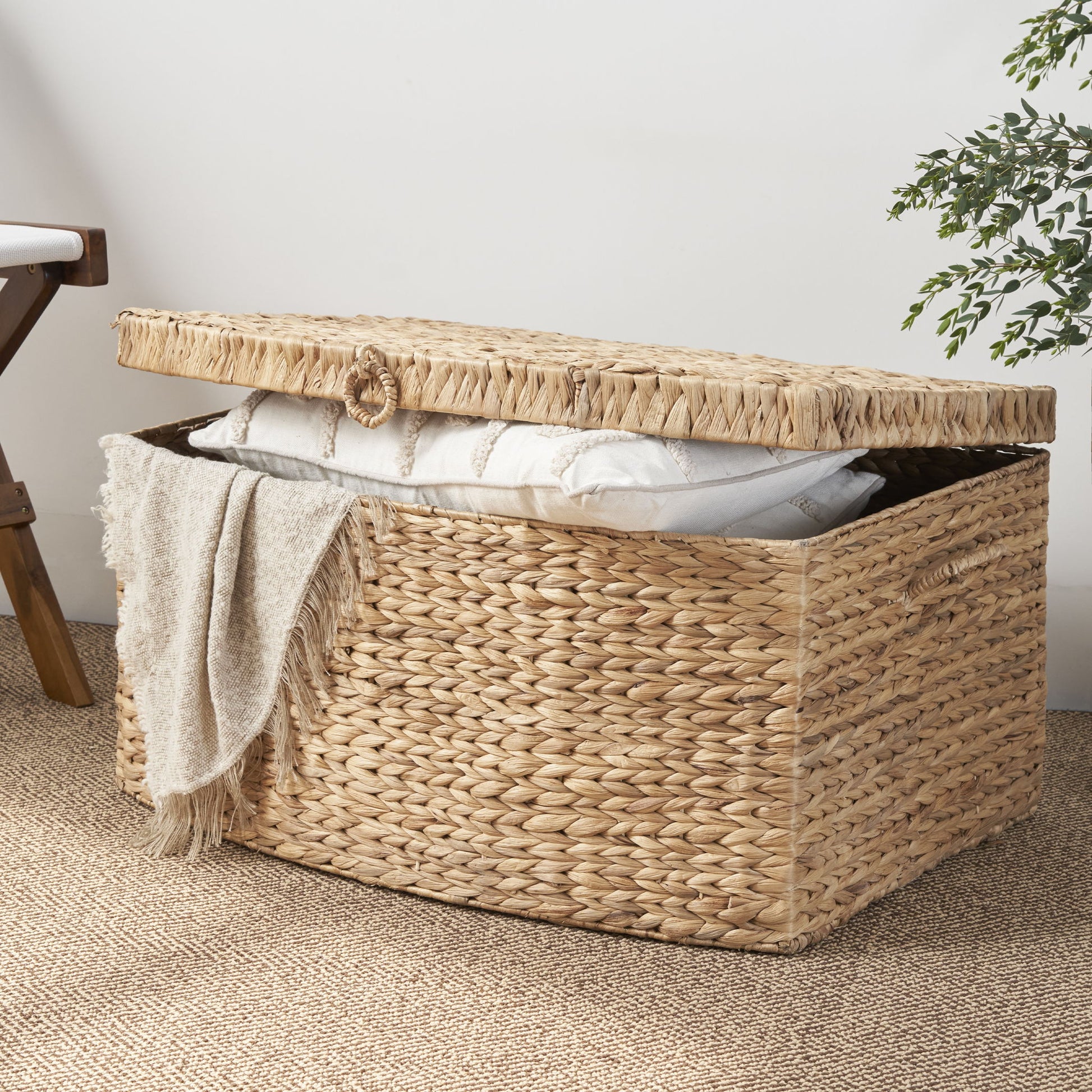 Rectangular Curve Water Hyacinth Woven Wicker Trunk With Handles For Clothes Toys Magazines And Book Storage - Natural / Light Brown Daily Nest