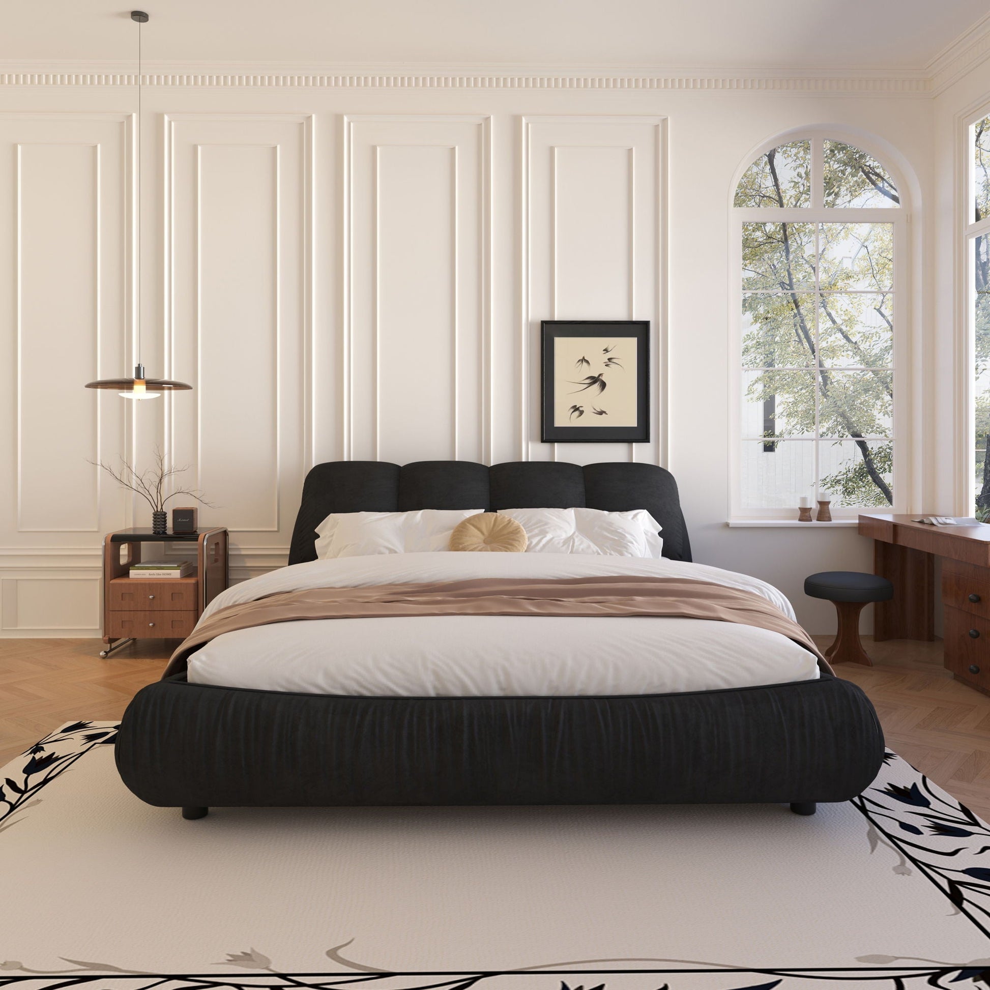 Luxury Upholstered Platform Bed With Oversized Padded Backrest And Solid Wood Frame Home Essentials