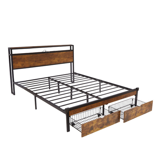 Modern Metal Platform Bed Frame With Wooden Headboard, USB Charging, LED Lights, And Storage Home Essentials