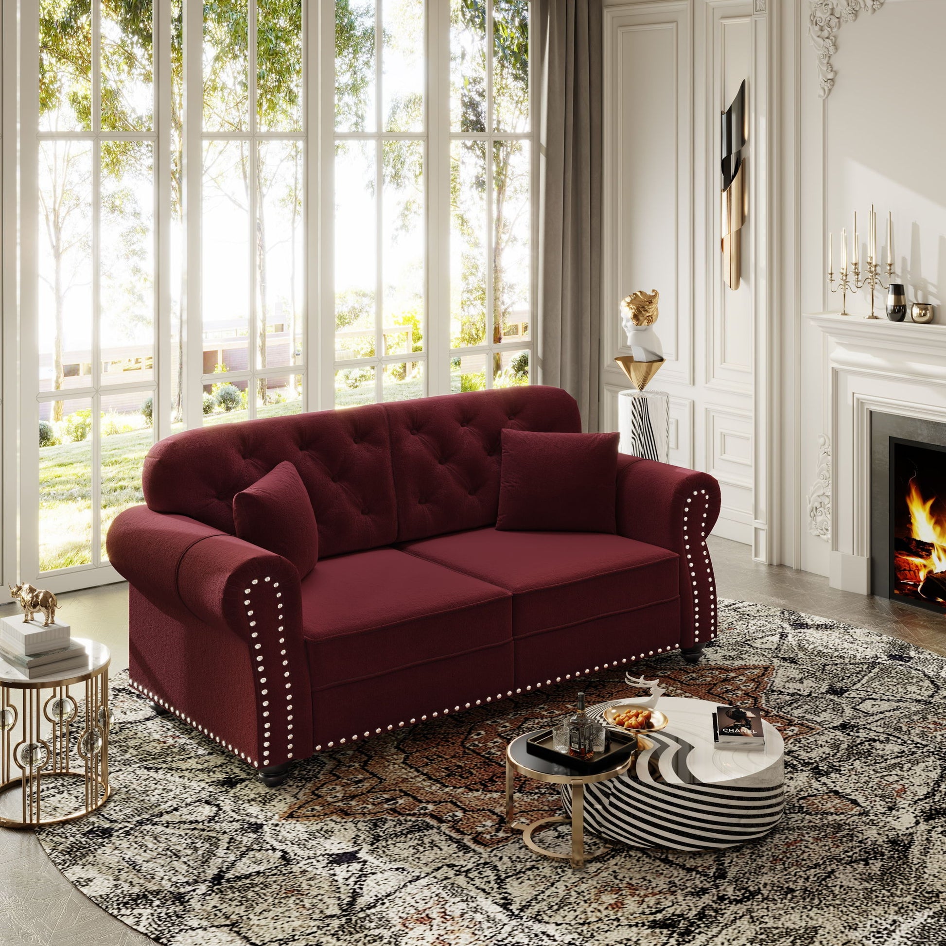 Upholstered Chesterfield Sofa With Nailhead Trim And Rolled Armrests Home Essentials