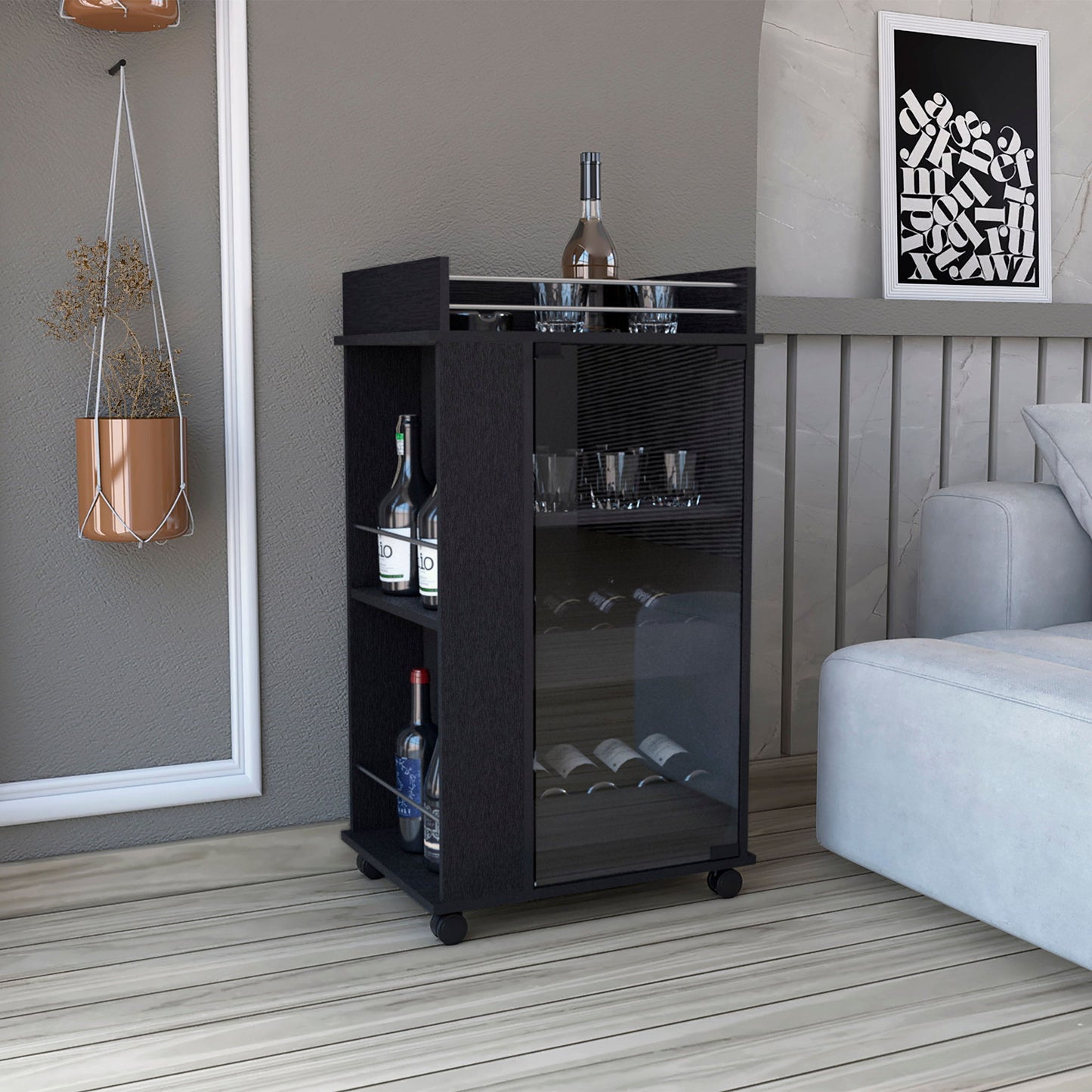 Bar Cart With Glass Door, 2 Side Shelves And Casters - Black Home Essentials