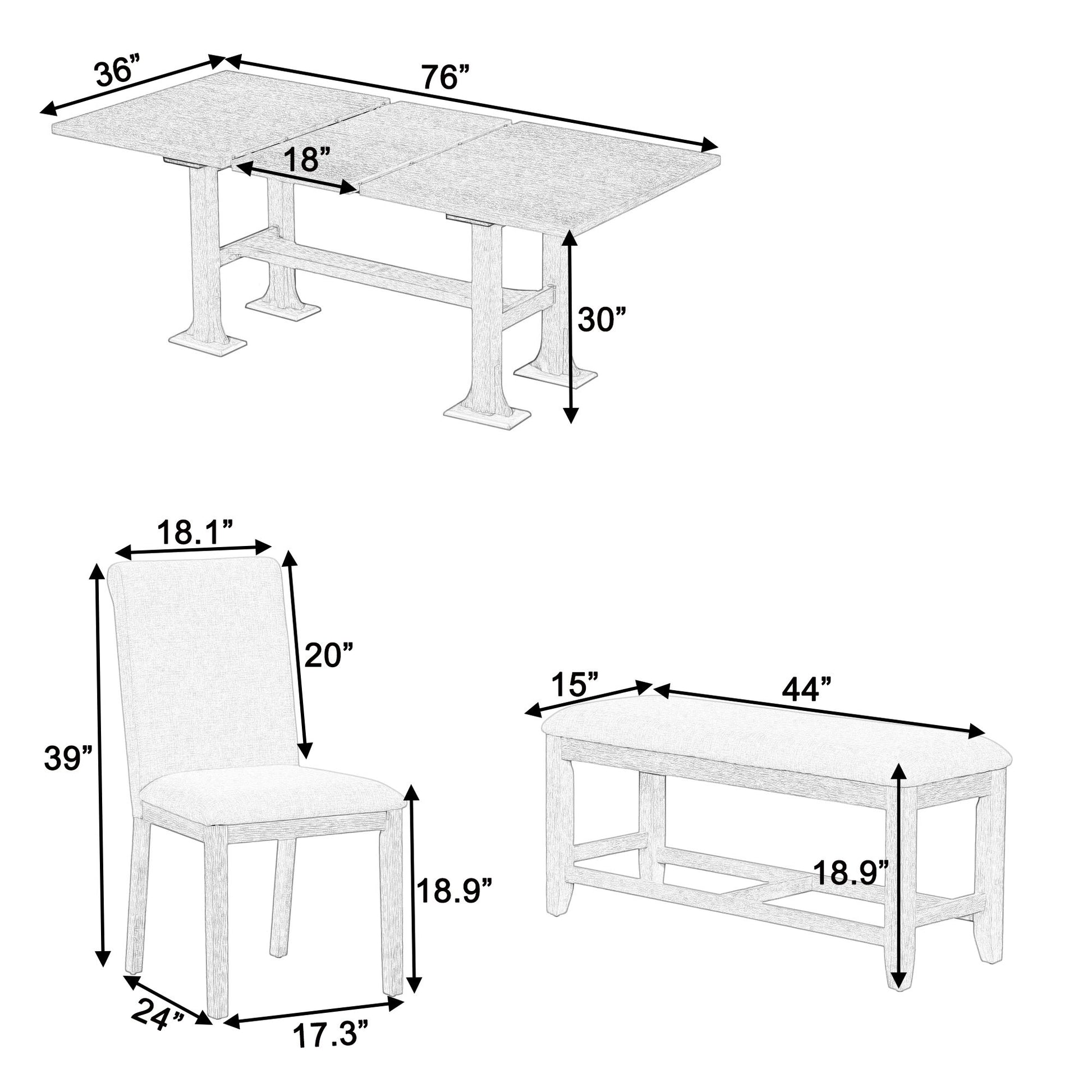 Topmax - 6 Piece Farmhouse Extendable Dining Table Set Trestle Kitchen Table Set With Removable Leaf And Upholstered Dining Chair And Bench For Dining Room Hearth and Haven