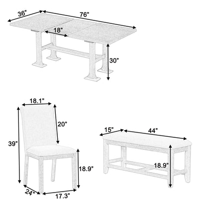 Topmax - 6 Piece Farmhouse Extendable Dining Table Set Trestle Kitchen Table Set With Removable Leaf And Upholstered Dining Chair And Bench For Dining Room Hearth and Haven