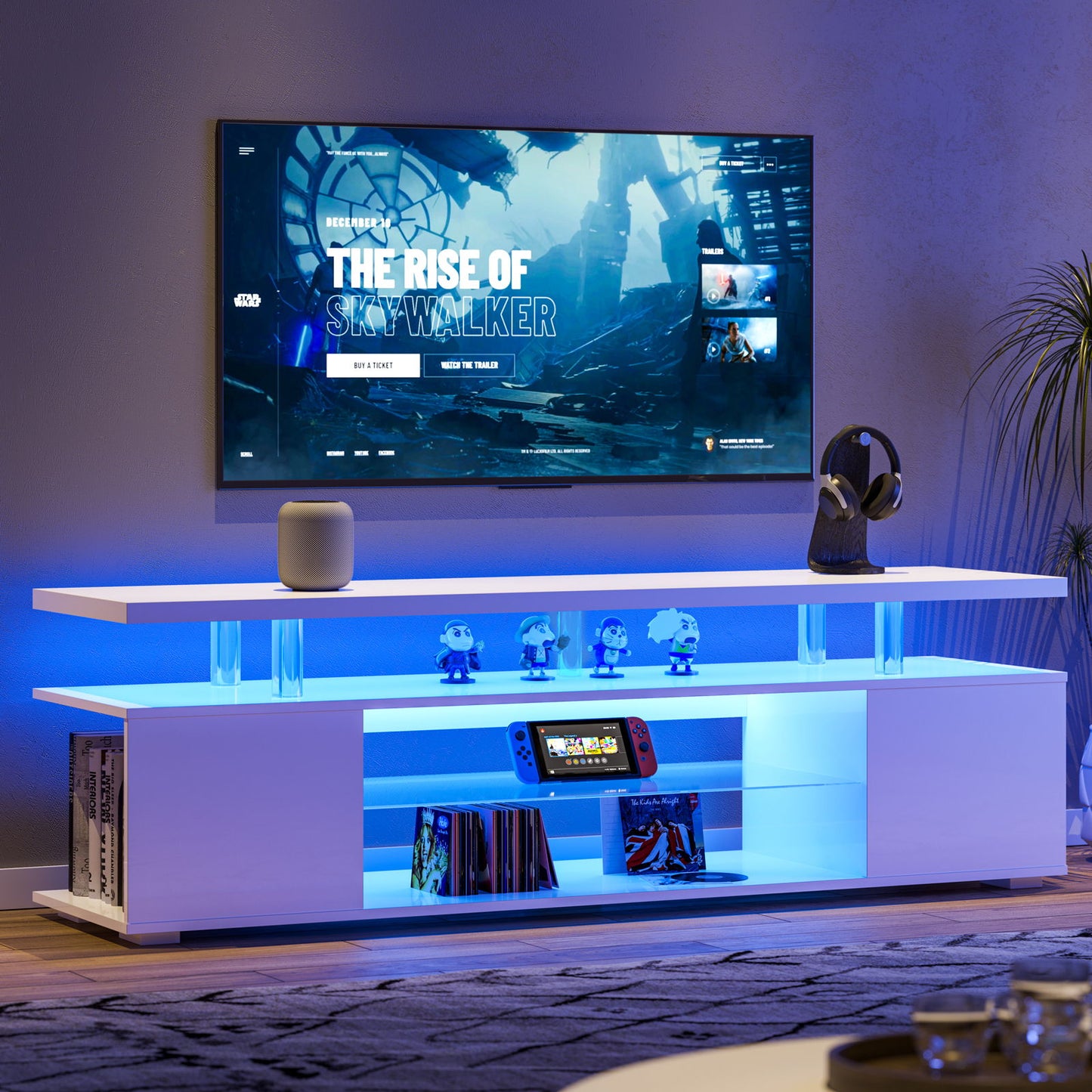 TV Stand LED Gaming Entertainment Center, Media Storage Console Table With Large Side Cabinet Home Essentials