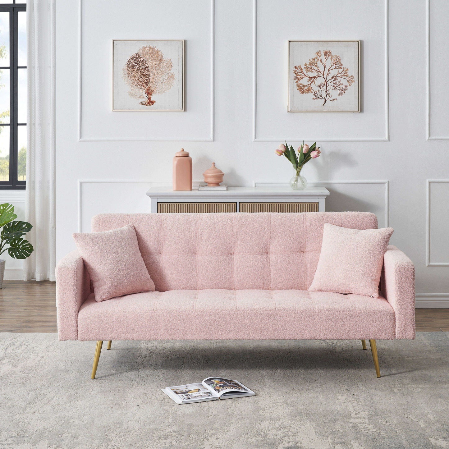 Teddy Fleece Sofa Bed With Luxurious Throw Pillows Home Essentials