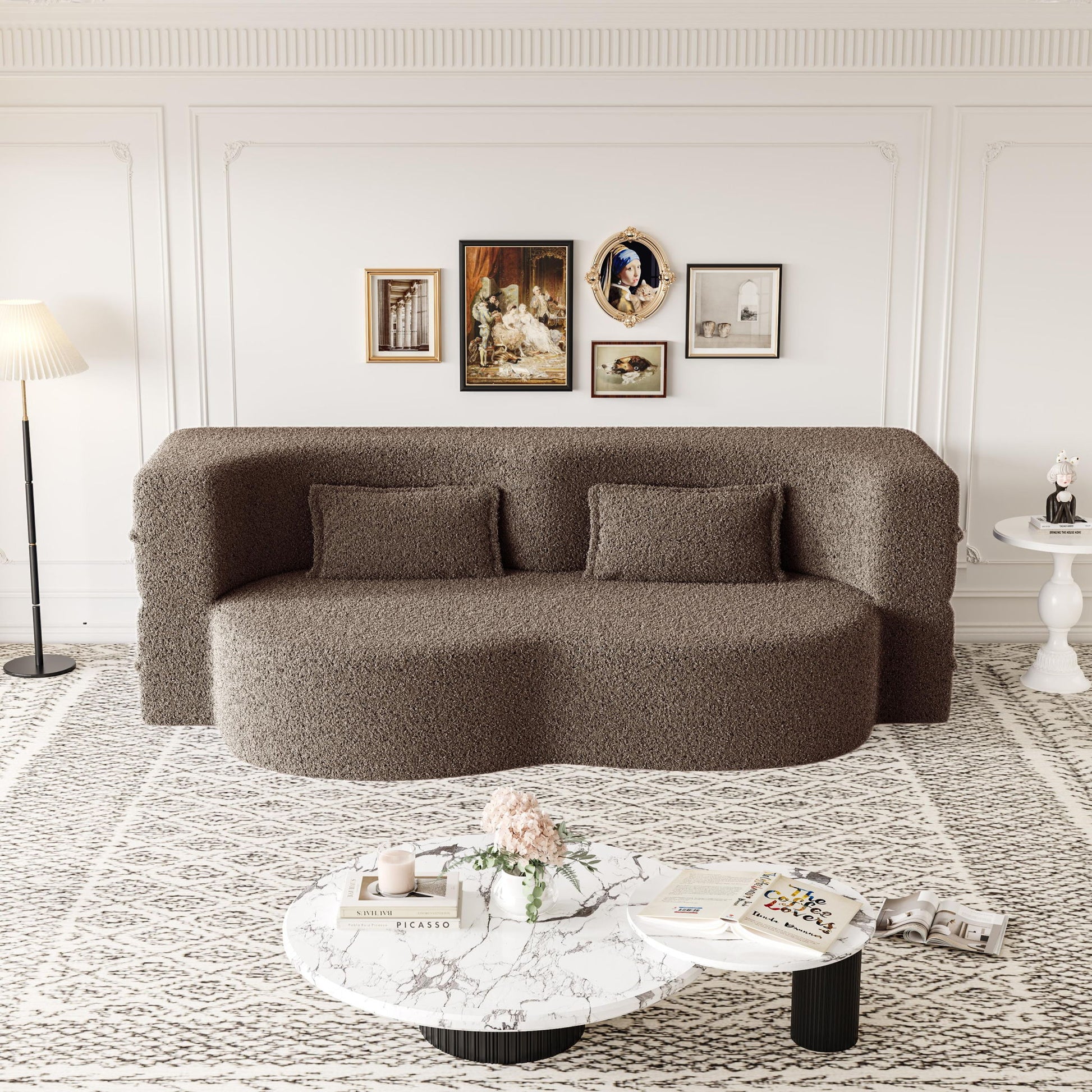 Modern Floor Sofa, With 2 Pillows, Convertible Teddy Fabric Foam Filled Bed Home Essentials