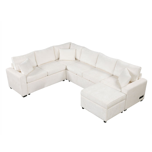 Sectional Sofa Pull-Out Sofa Bed Sleeper With A Storage Ottoman, Three Pillows And Charging Devices For Living Room Hearth and Haven