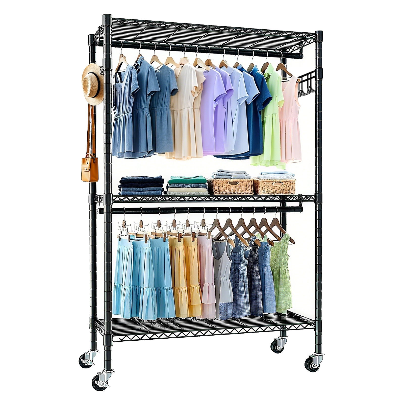 Heavy Duty Rolling Clothes Rack With 3 Tier Shelves, 2 Rails & Side Hooks, Adjustable Freestanding Organizer Metal - Black Daily Nest