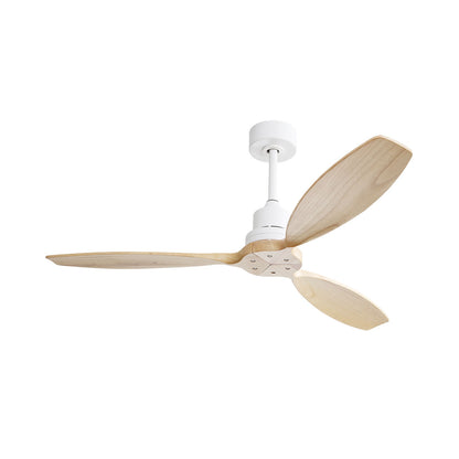 Wooden Ceiling Fan White 3 Solid Wood Blades Remote Control Reversible Dc Motor Without Light - Light Brown / White