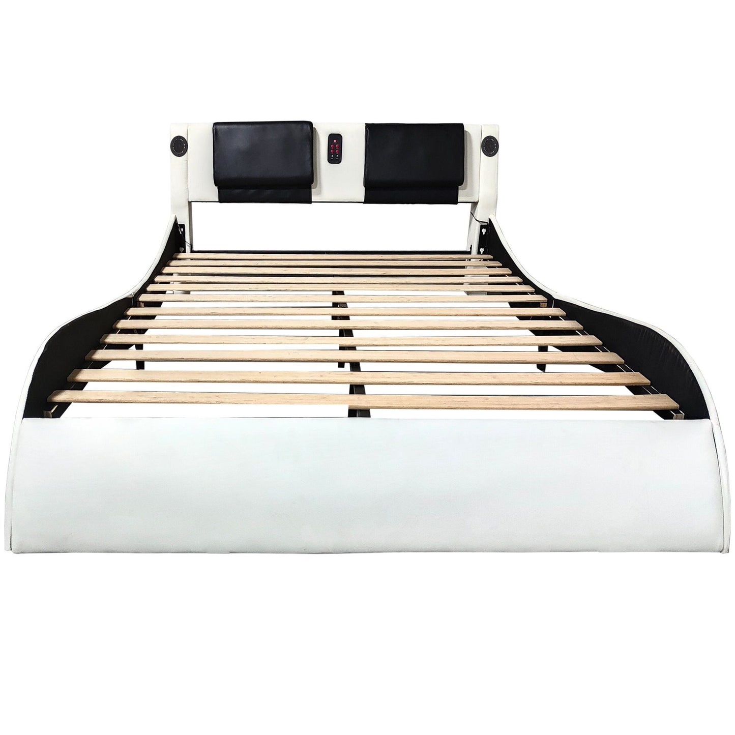 Upholstered Platform Bed Frame With LED Lighting, Bluetooth Connection To Play Music Control, Backrest Vibration Massage, Curve Design, Wood Slat Support, Exhibited Speakers Home Essentials