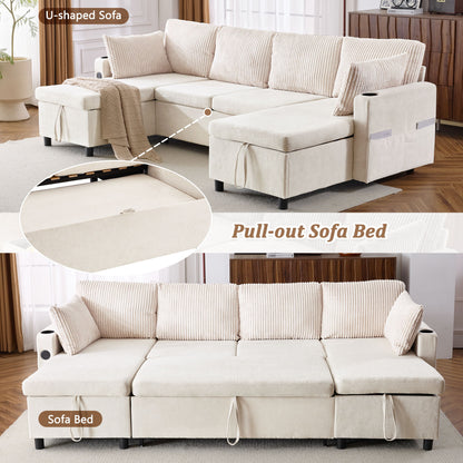 Sectional Sofa Pull Out Sofa Bed Versatile Sofa Sleeper With Large Storage Space, Two USB Ports And Two Cup Holders For Living Room