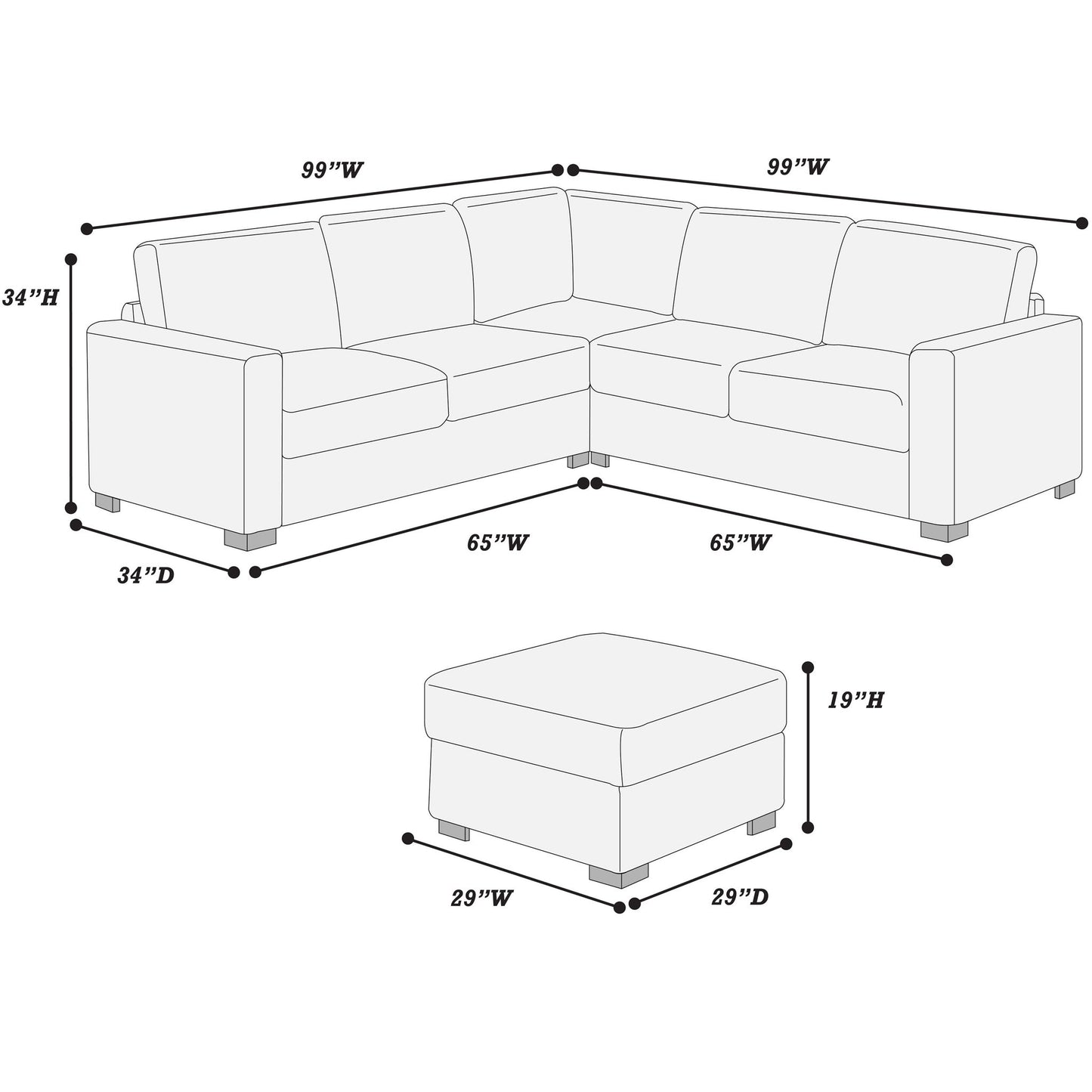4 Piece Sectional Set With USB Ports, Left Arm Facing / Right Arm Facing Loveseat, Corner Wedge, Cocktail Ottoman, 2 Pillows - Chocolate Home Essentials