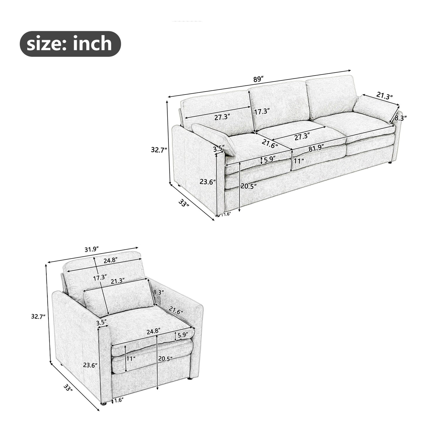 Cozy Sofa Set Oversized Comfy Cloud Sofa With Double Cushion Hearth and Haven