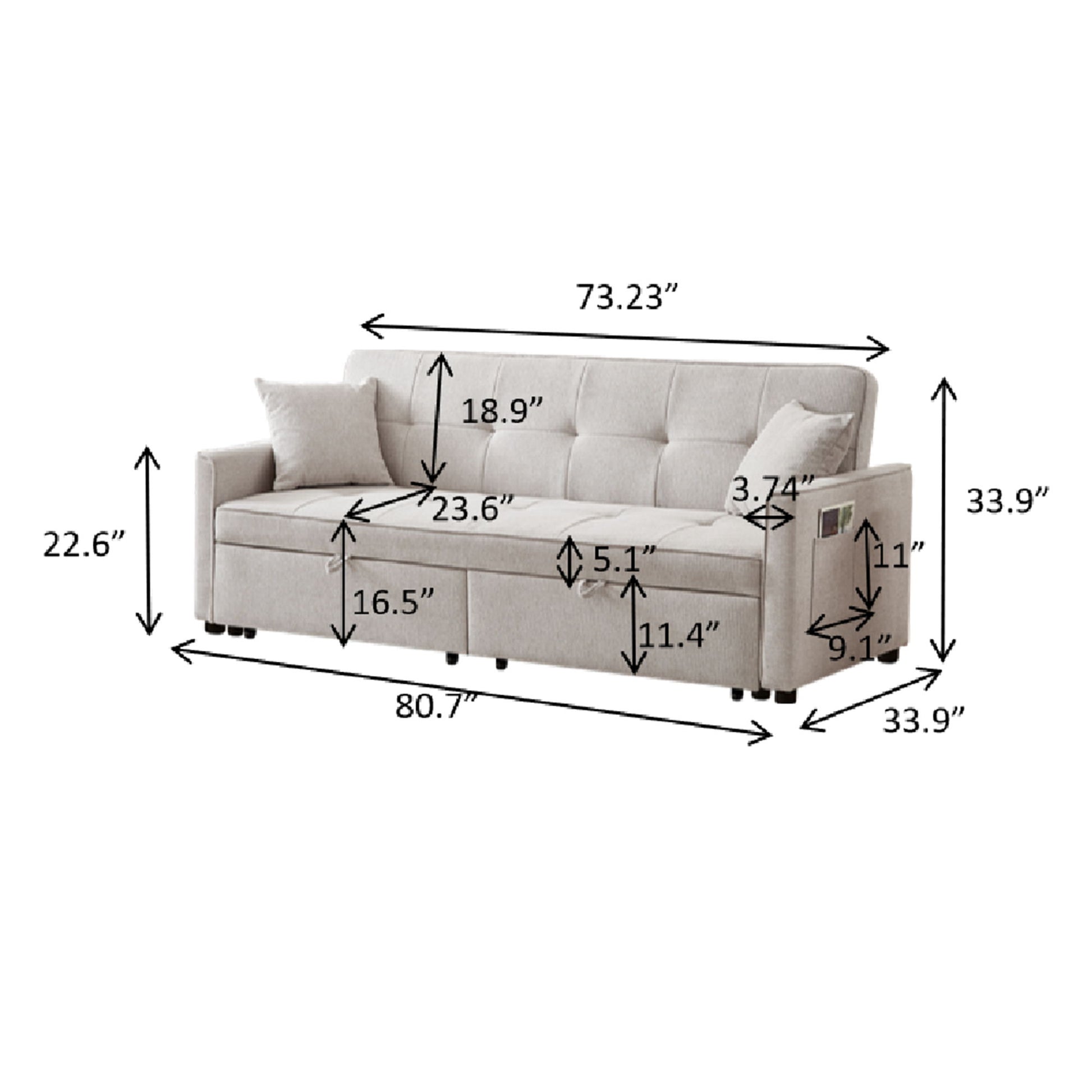 3 In 1 Convertible Sleeper Sofa Bed, Reclining Backrest, Pillows, Pockets Home Essentials