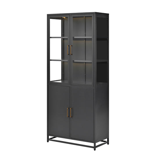 Modern Style Tall Steel Display Cabinet With Double Glass Doors, LED Lights Hearth and Haven