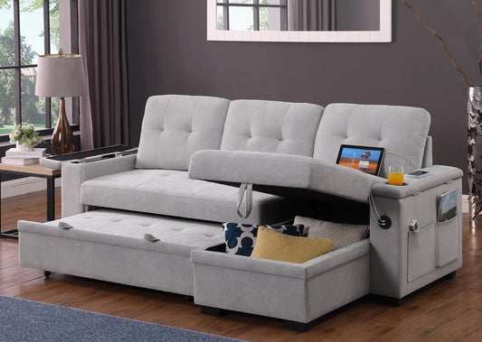 Ashlyn II - 84"W Woven Fabric Reversible Sleeper Sectional Sofa with Storage Chaise Lilola Home