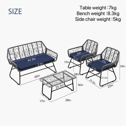 4 Piece Wicker Patio Furniture Set With Tempered Glass Table And Detachable Cushions Home Essentials