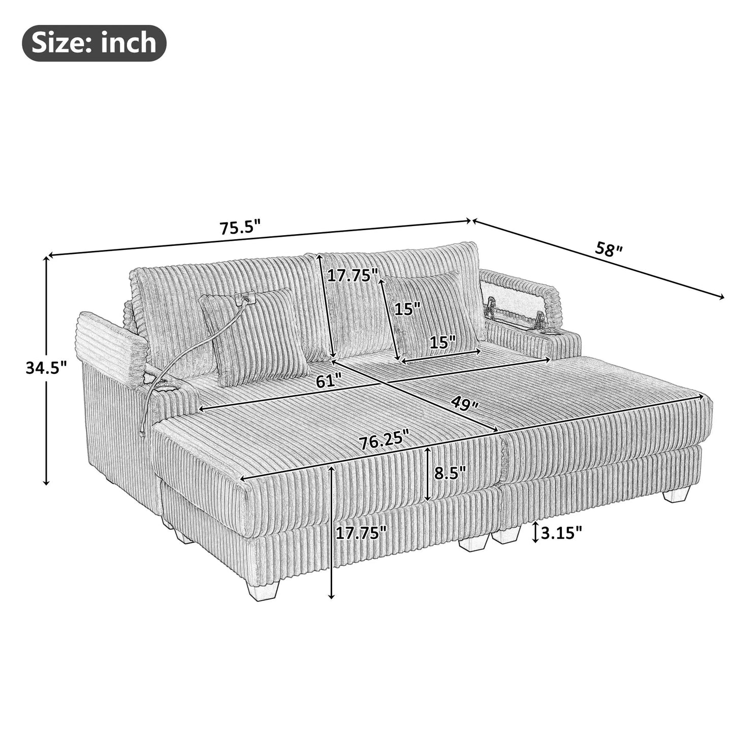 Modern Chaise Sofa With Adjustable Backrest, Cup Holders, Phone Holder & Storage Compartments For Living Room Hearth and Haven