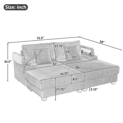 Chaise Sofa With Adjustable Backrest, Cup Holders, Phone Holder & Storage Compartments For Living Room - Light Gray Hearth and Haven