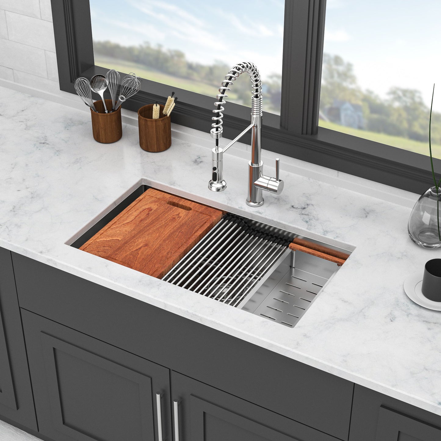 33" Undermount Kitchen Sink Single Bowl Ledge Workstation In 16 Gauge Stainless Steel - White Daily Nest