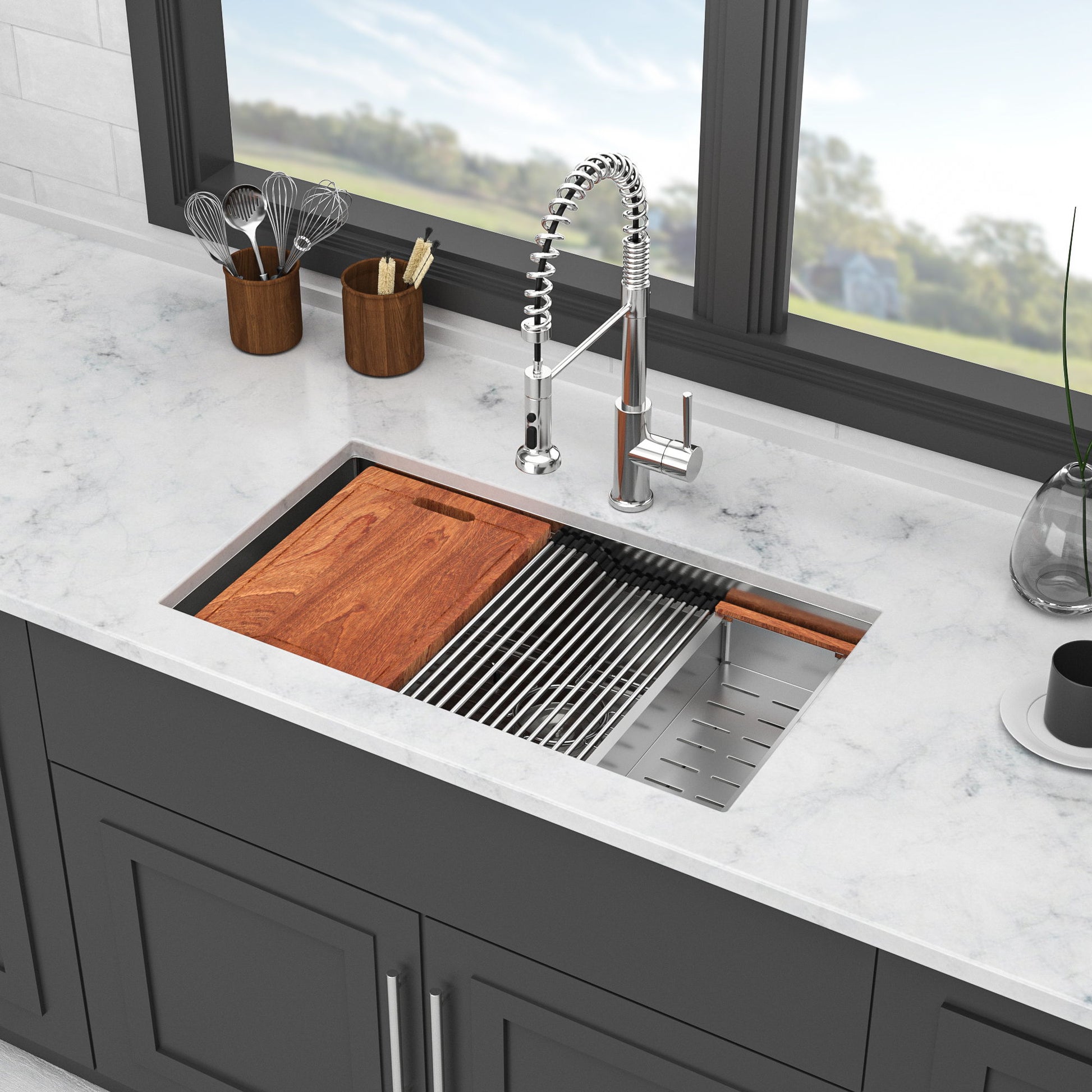 33" Undermount Kitchen Sink Single Bowl Ledge Workstation In 16 Gauge Stainless Steel - White Daily Nest