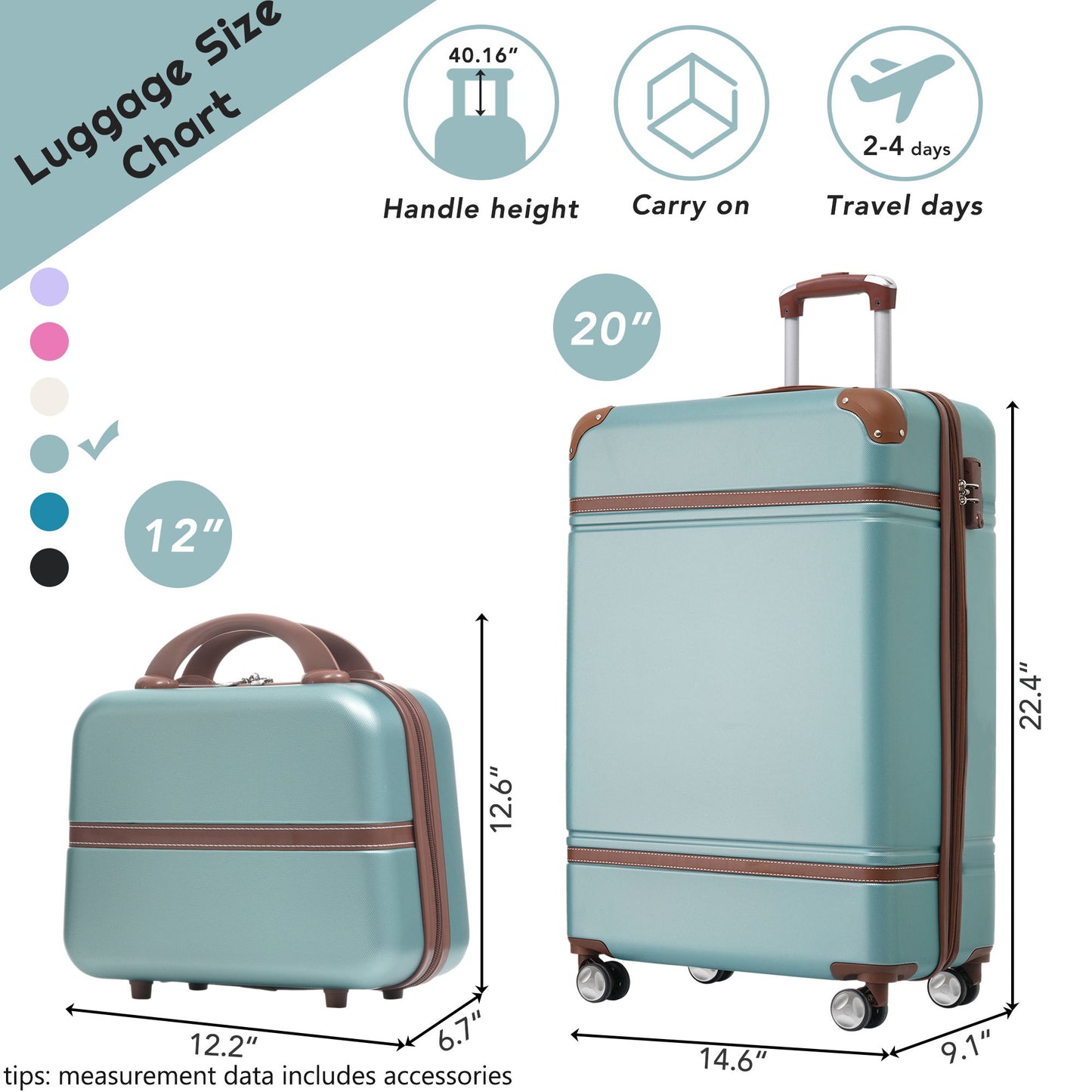 20" Hardside Luggage With Cosmetic Case, 2 Piece Lightweight Suitcase Set With Spinner Wheels, Carry On Vintage Luggage