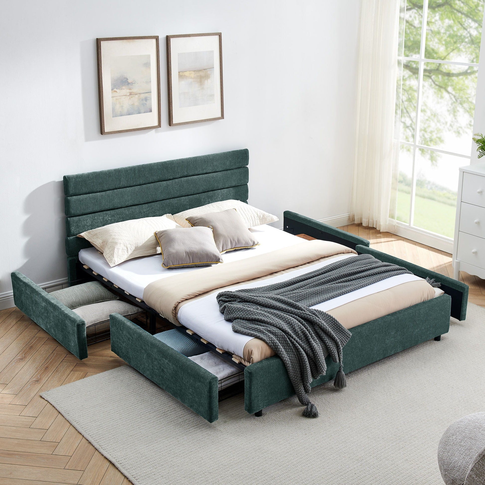 Modern Cushioned Bed Frame With Headboard And Drawers Home Essentials