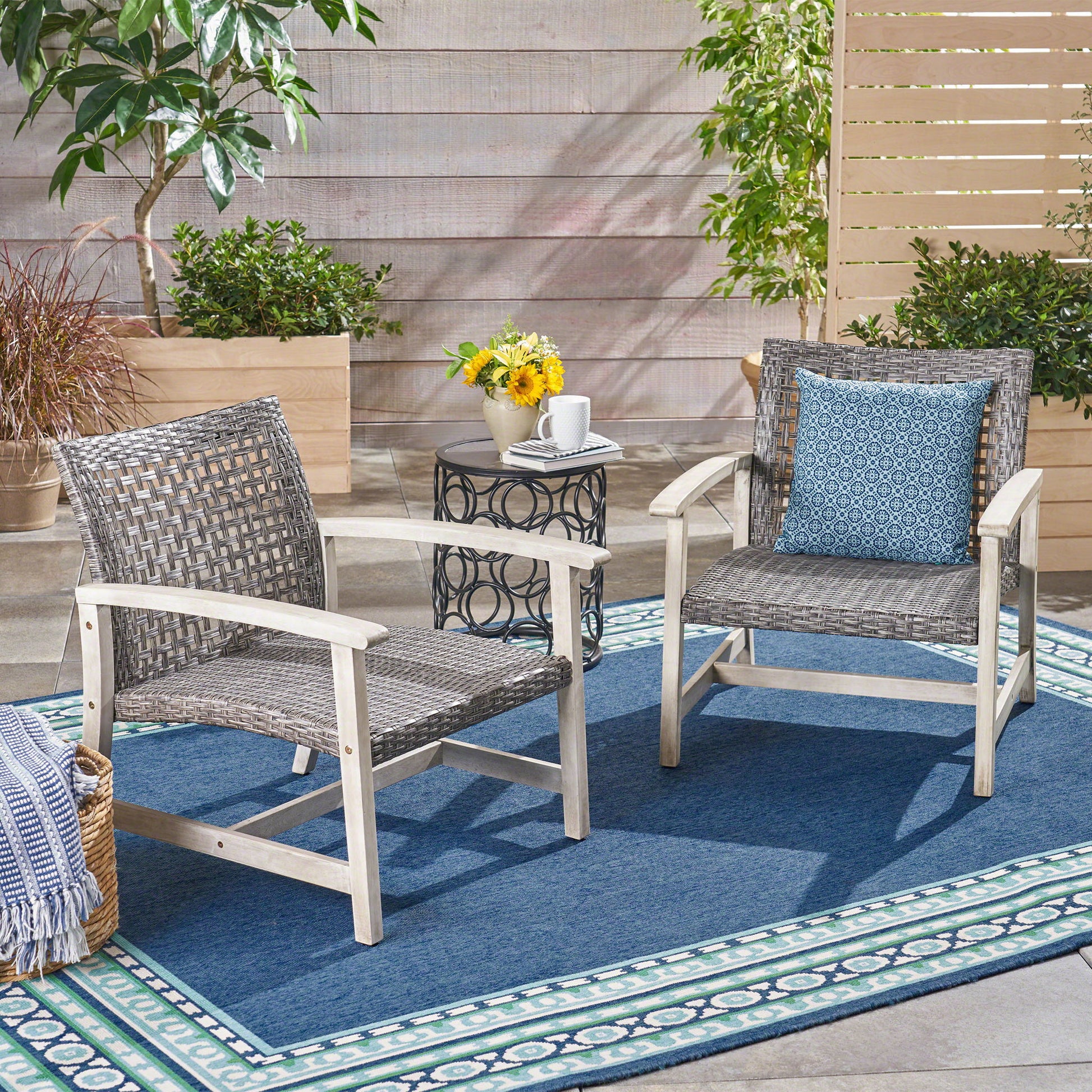 Outdoor Club Chair With Rattan Cover And Acacia Wood Frame - Gray Noble House