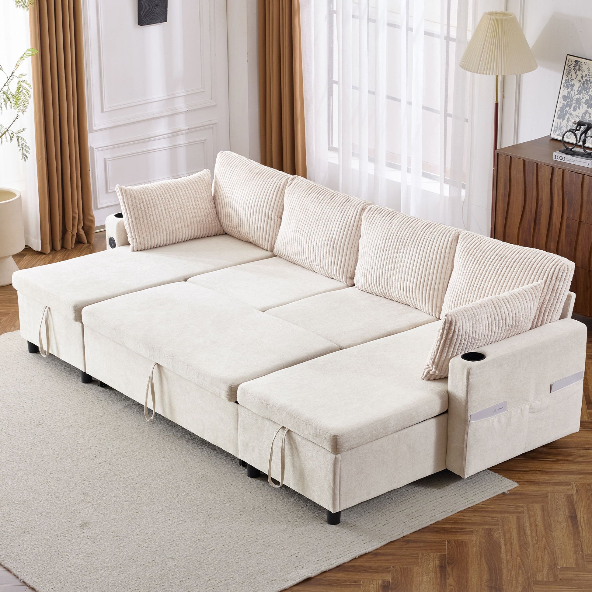 Sectional Sofa Bed With Pull Out Sleeper, USB Ports, Cup Holders Hearth and Haven