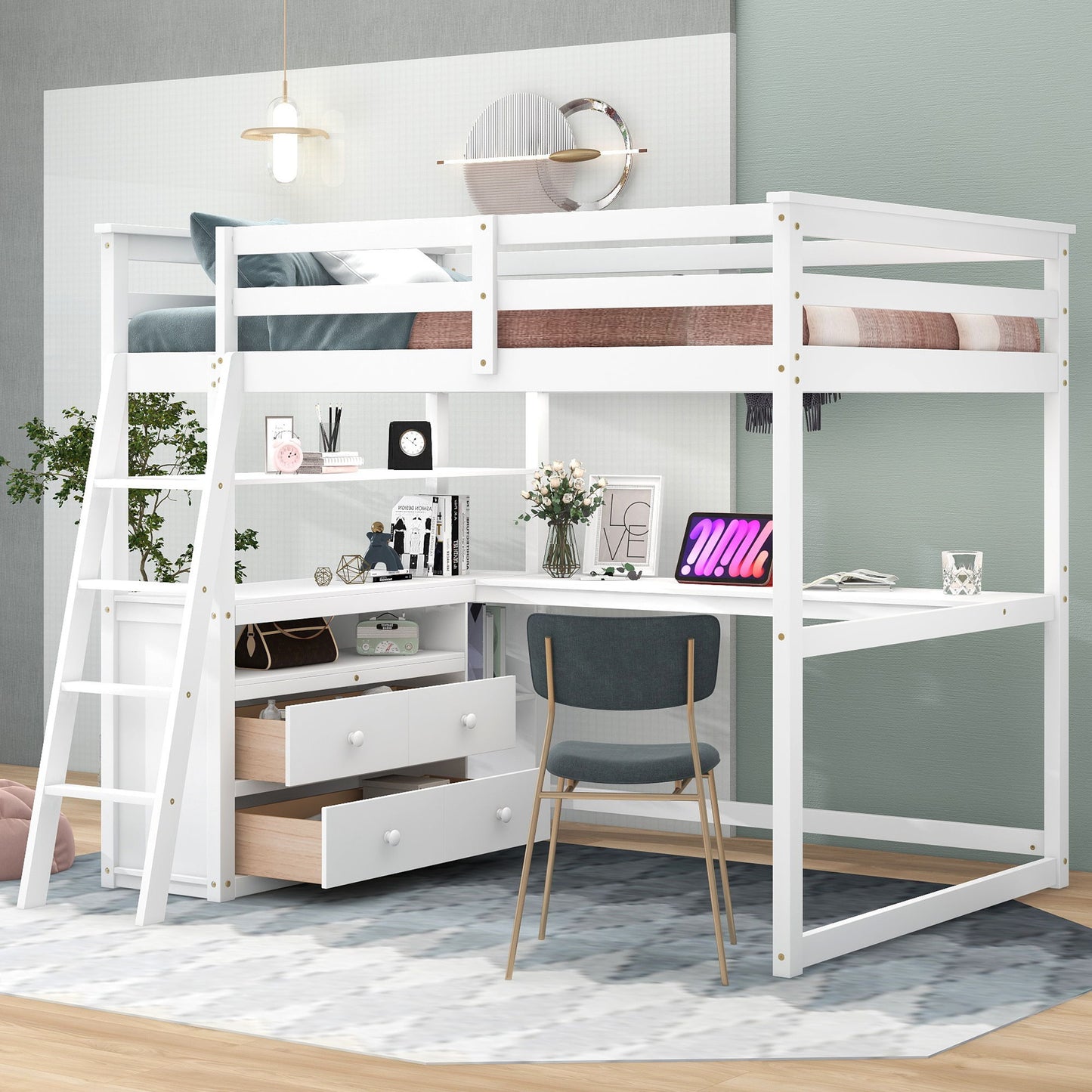 Modern Loft Bed With Built In Desk, Shelves, And 2 Drawers Hearth and Haven