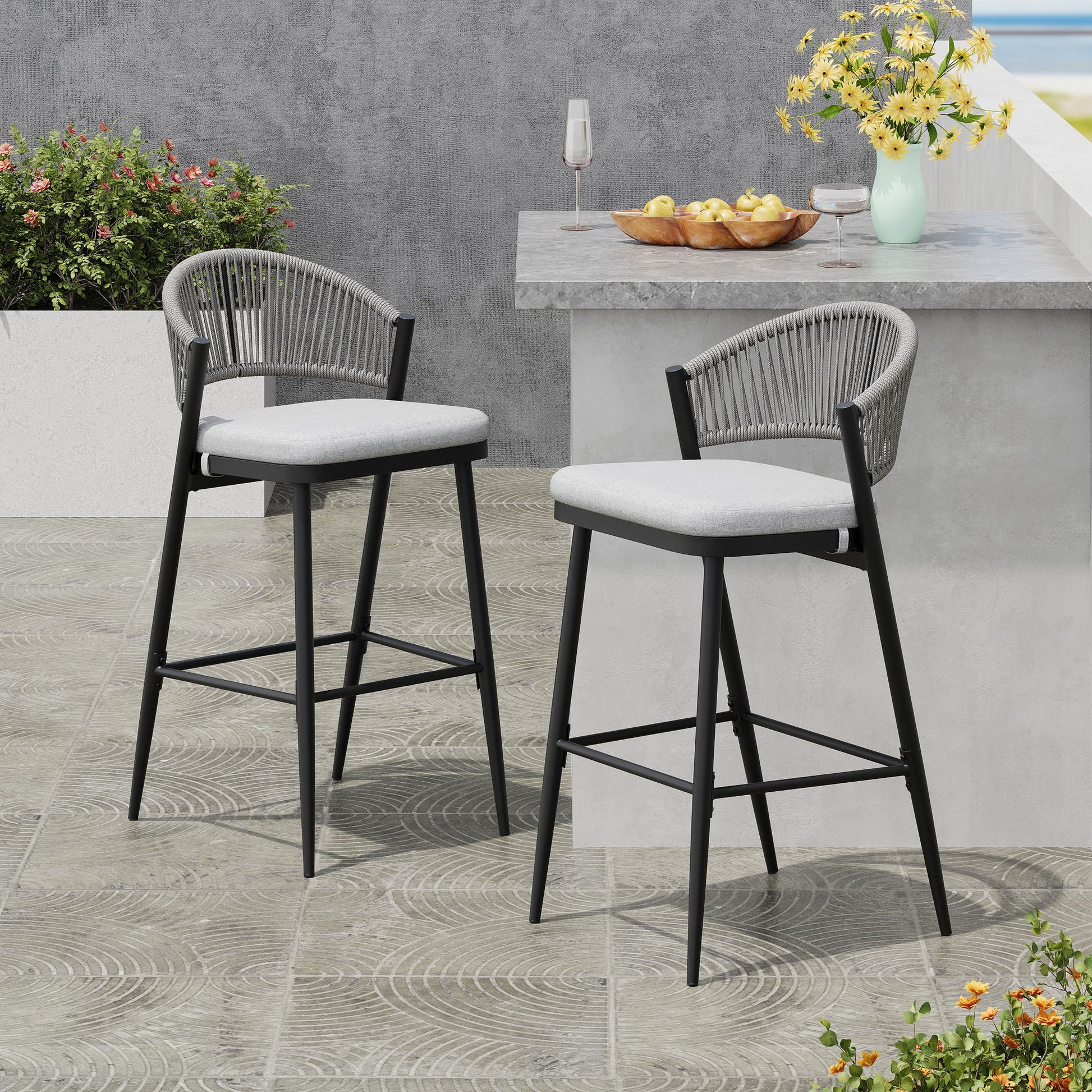 Outdoor Bar Height Metal Frame Counter Stools With Scallop Shaped Backrest & Water Resistant Cushions Noble House