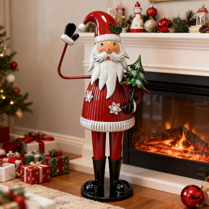 Cheerful Santa Claus Holding Tree And Waving, Holiday Decoration With Festive Design - Red Noble House